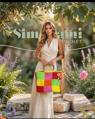 Borsa Patchwork Uncinetto E Bamboo Handmade 
