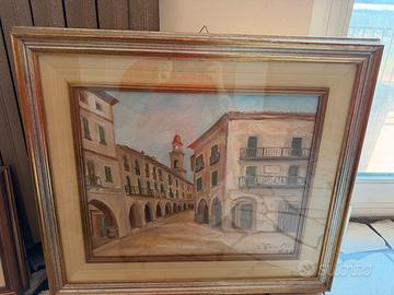 Dipinto a olio su tela scorcio di borgo italiano