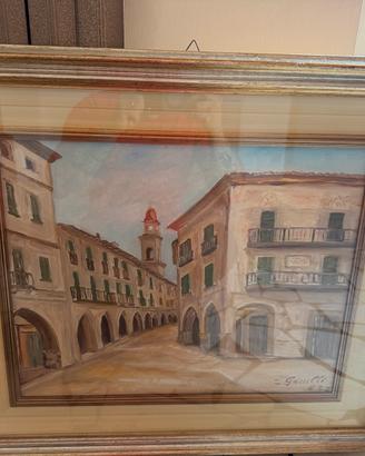 Dipinto a olio su tela scorcio di borgo italiano