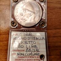 20 lire elmetto cappellone 1928 Perizia nip