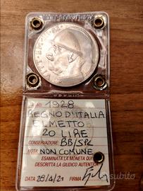 20 lire elmetto cappellone 1928 Perizia nip