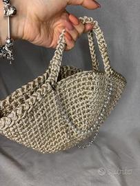 Borsa a mano beige cotone e lurex uncinetto