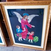 Quadro angelo con bambini ricamato a mano