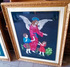 Quadro angelo con bambini ricamato a mano