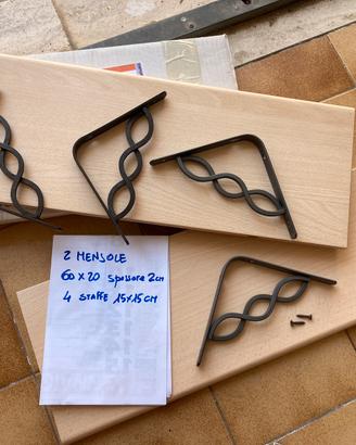 2 mensole 60 x 20 spessore 2 cm con staffe metallo