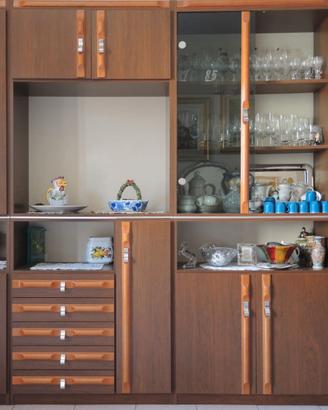 Parete tv con ripiani e vetrina