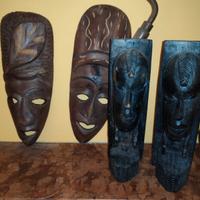 4 Maschere Africane in Legno Intagliato a Mano - 
