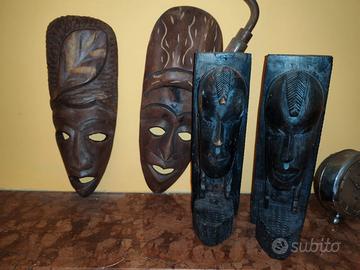 4 Maschere Africane in Legno Intagliato a Mano - 
