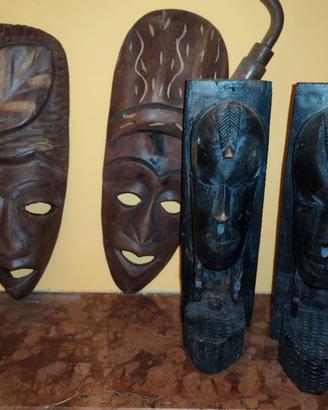 4 Maschere Africane in Legno Intagliato a Mano - 