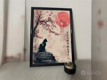 Poster Gatto &  Onda Giapponese Cornice Bianca A4