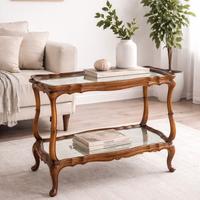 Tavolino Vintage in Legno con Vetro Inciso 85x40x6