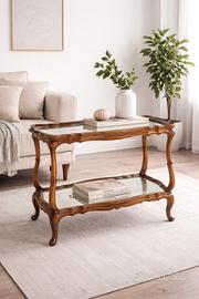 Tavolino Vintage in Legno con Vetro Inciso 85x40x6