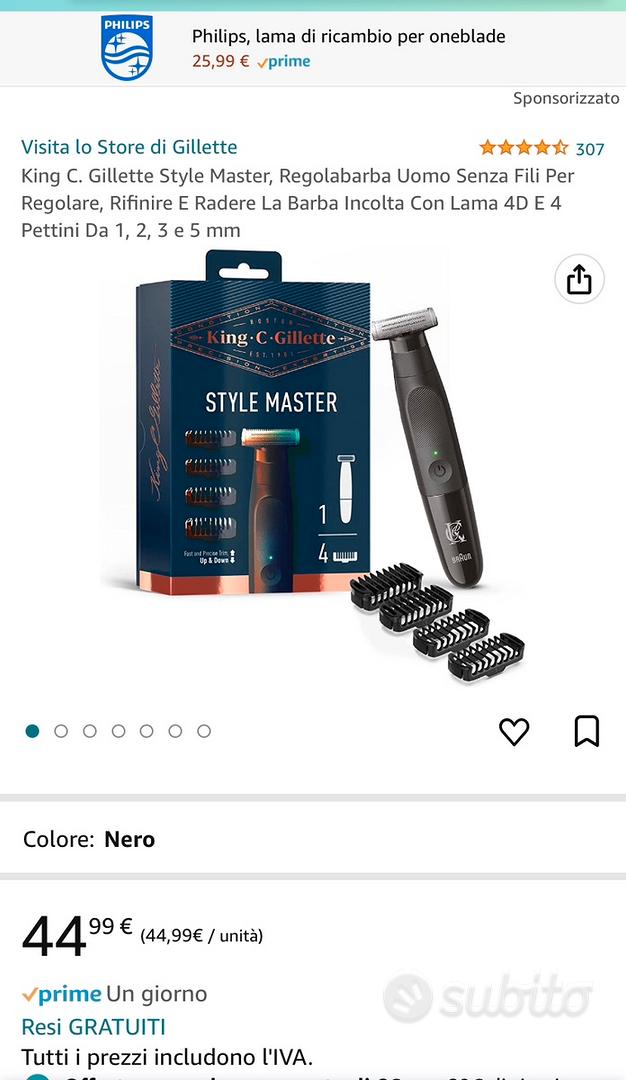 King C. Gillette Style Master, Regolabarba Uomo Senza Fili Per Regolare,  Rifinire E Radere La Barba Incolta Con Lama 4D E 4 Pettini Da 1, 2, 3 e 5  mm.