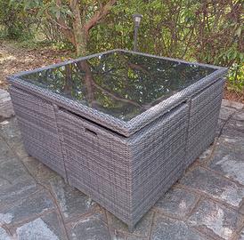 Set giardino rattan tavolo vetro + 4 poltroncine