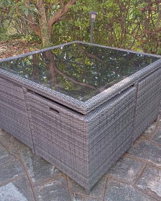 Set giardino rattan tavolo vetro + 4 poltroncine