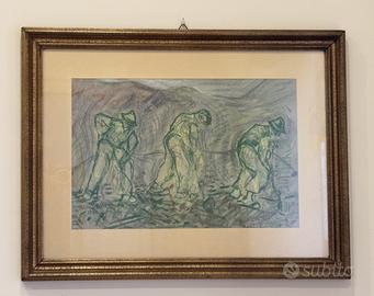 Quadro Pastello 1952 Ottorino Garosio Contadini