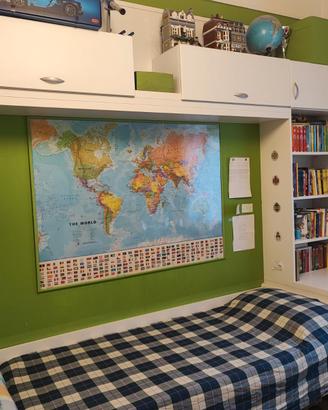 letto, cassettiera e libreria