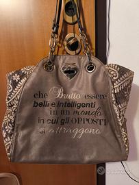 Borsa Le Pandorine in cuoio e tessuto con scritta