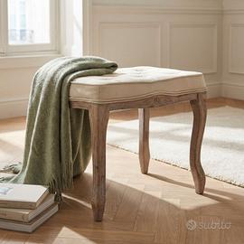 Sgabello Vintage Legno Massello Tessuto Beige 50cm
