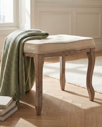 Sgabello Vintage Legno Massello Tessuto Beige 50cm