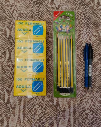 kit cancelleria: fermagli, penne, matite 