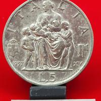1937 Italia 5 Lire Fecondità Ag 835 5g