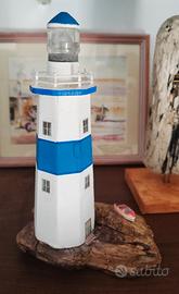 Faro decorativo legno mare bianco blu con luce