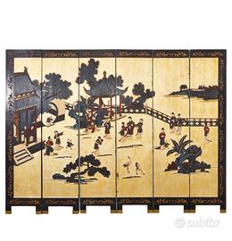 Paravento Coromandel sei pannelli in foglia d'oro