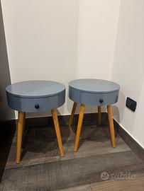 Coppia di comodini moderni grigio/blu gambe legno