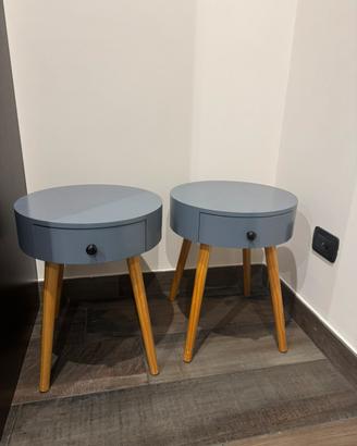 Coppia di comodini moderni grigio/blu gambe legno