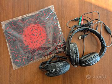 Set da Gaming per PC mouse, cuffie e tappetino