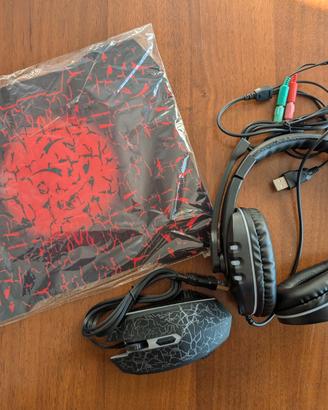 Set da Gaming per PC mouse, cuffie e tappetino