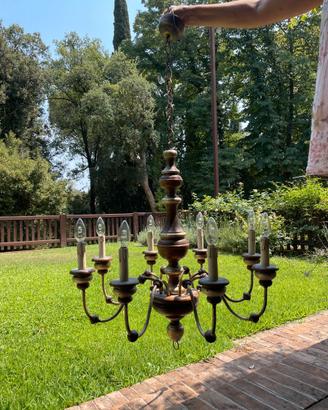 Lampadario Antico Primi '900 in Legno e Ferro