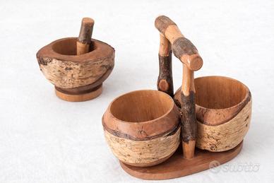 Mortaio in legno + contenitore rustico artigianale