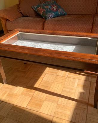 Tavolino in legno con cassetto e piano in vetro
