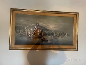 Dipinto olio su tela, paesaggio portuale asiatico