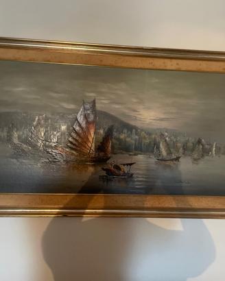 Dipinto olio su tela, paesaggio portuale asiatico