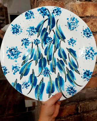 Piatto in ceramica decoro alici dipinto a mano 