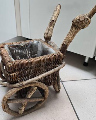 Carretto Portavaso Fioriera in legno e vimini