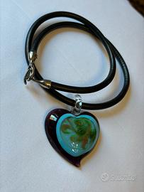 Collana cuoio nero e cuore Murano