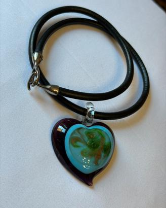 Collana cuoio nero e cuore Murano