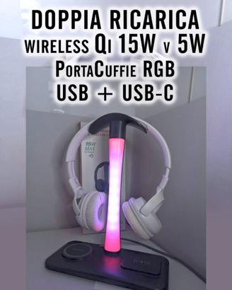 supporto cuffie con luci, ricariche WiFi e USB