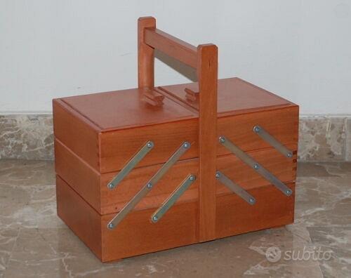 Cestino Da Cucito In Legno Noce A 3 Piani - Porta Lavoro Robusto E Pratico - 29x17x26 Cm