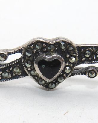 Splendida spilla cuore argento onice marcasite