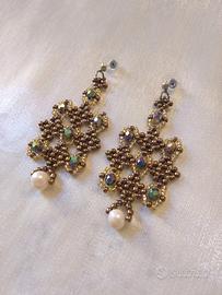 Orecchini Vintage Bronzo Cristallo Perle di fiume 