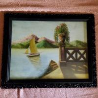 Quadro panorama lago con vela dipinto a mano