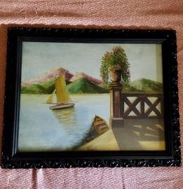 Quadro panorama lago con vela dipinto a mano