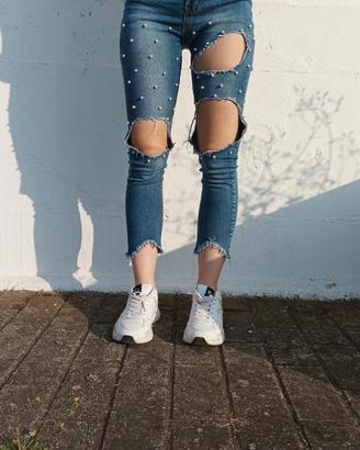 Ake jeans taglia s perle strappi blu scuro