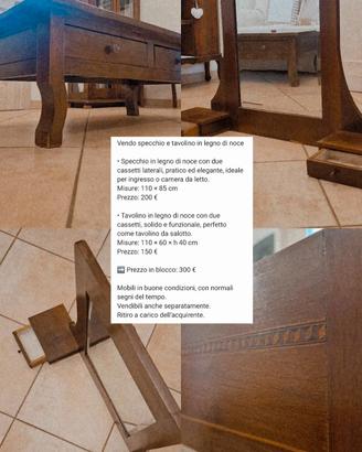 Specchio e tavolino in legno di noce 