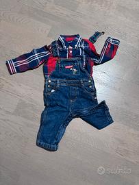 Salopette jeans e camicia 6-9 mesi